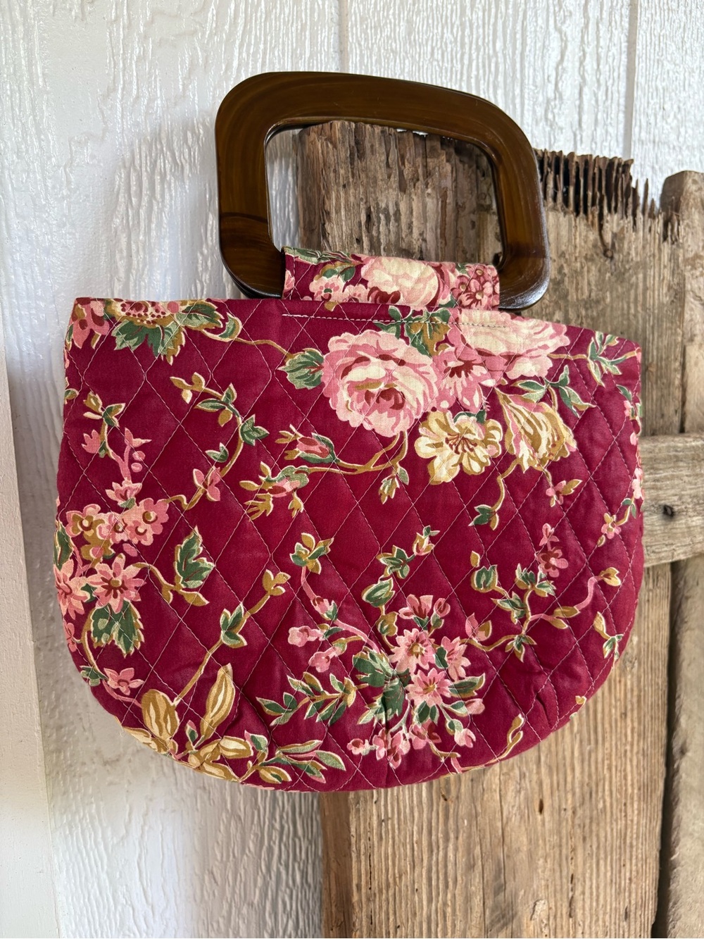 Quilted Floral Handbag with Tortoiseshell Handle - Burgundy Pink